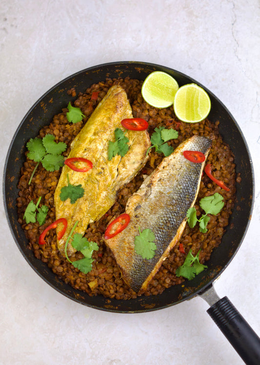Indian-Spiced Seabass with Coconut-Braised Lentils